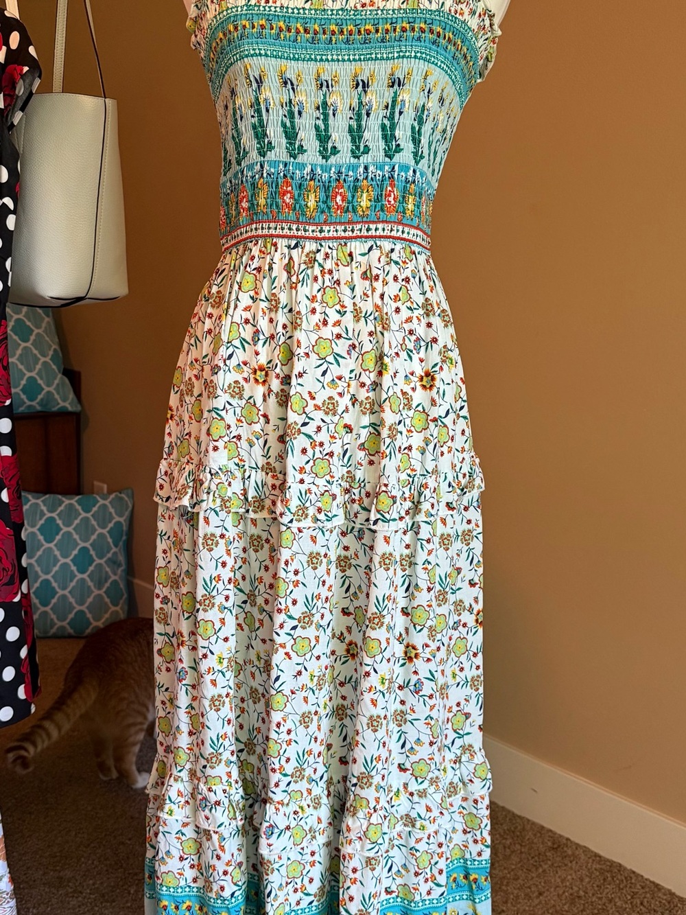 Smocked Floral Maxi Dress in White and Turquoise